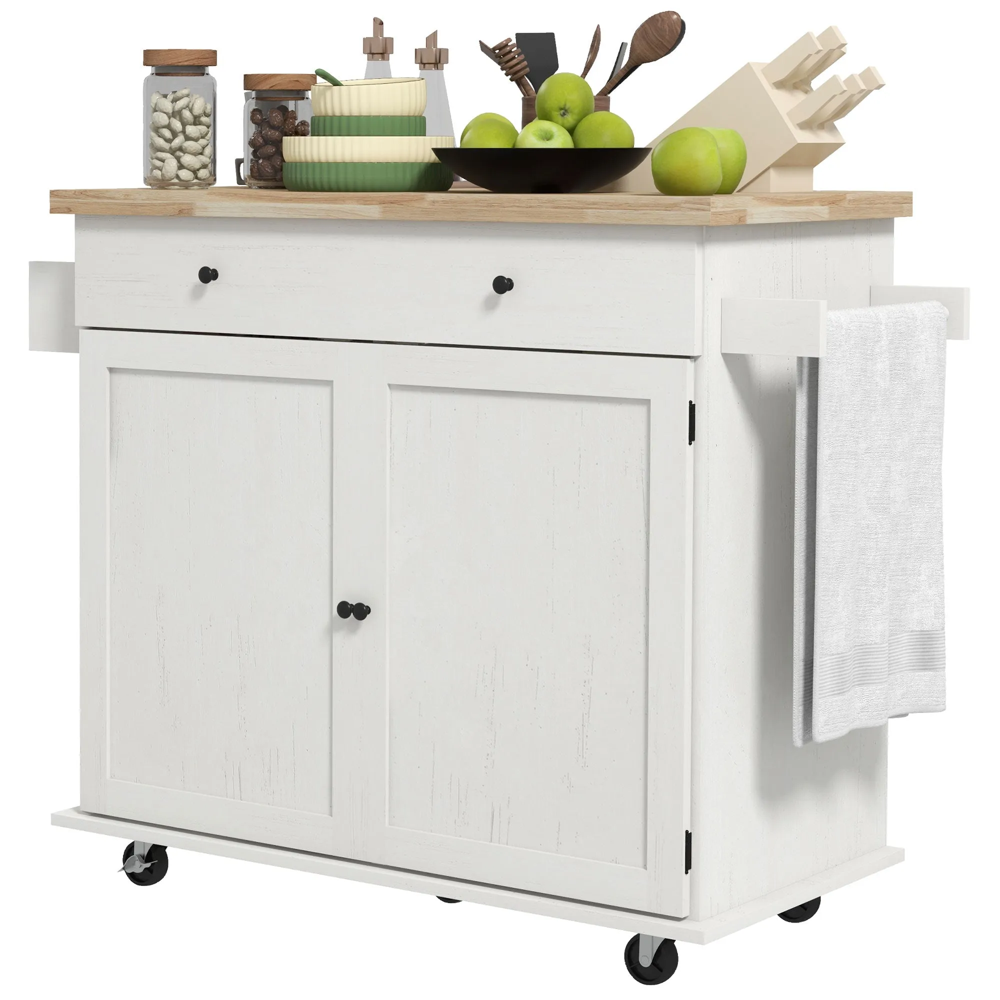 HOMCOM Kitchen Island with Storage, Farmhouse Rolling Kitchen Island Cart on Wheels with Drawer, 2 Cabinets, Rubberwood Top, Spice Rack, Towel Racks and 2 Hooks, Distressed White