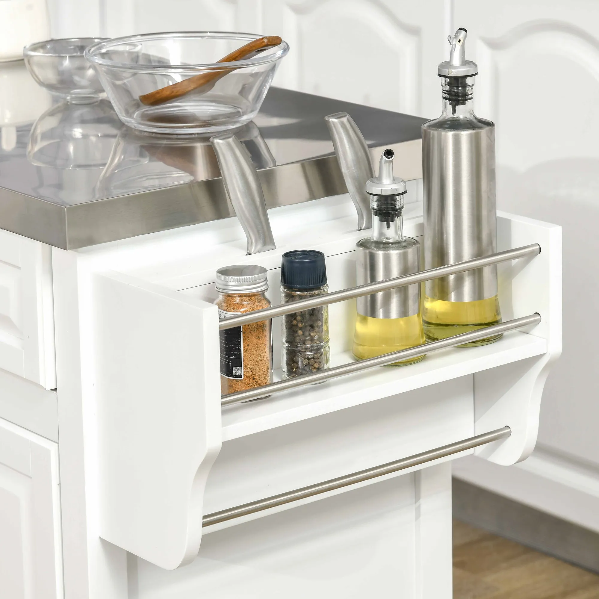 HOMCOM Rolling Kitchen Island with Storage, Kitchen Cart with Stainless Steel Top, Spice Rack & Drawers, White