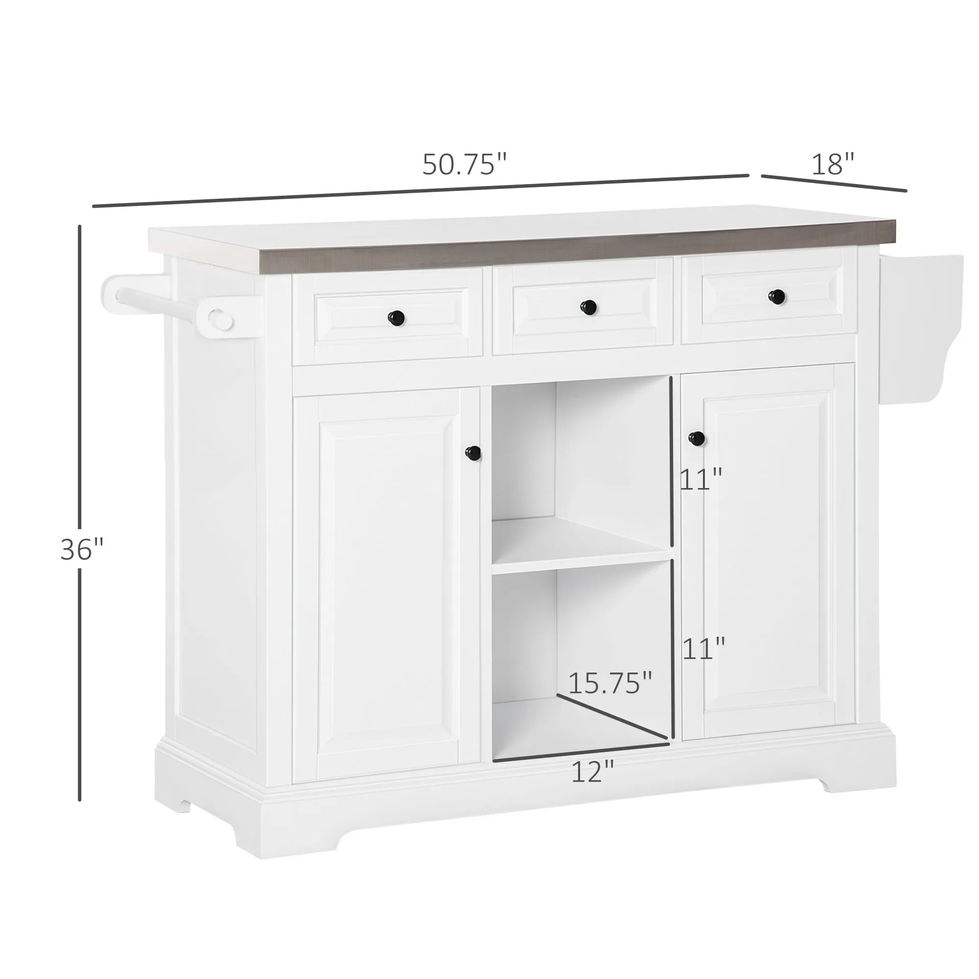 HOMCOM Rolling Kitchen Island with Storage, Kitchen Cart with Stainless Steel Top, Spice Rack & Drawers, White