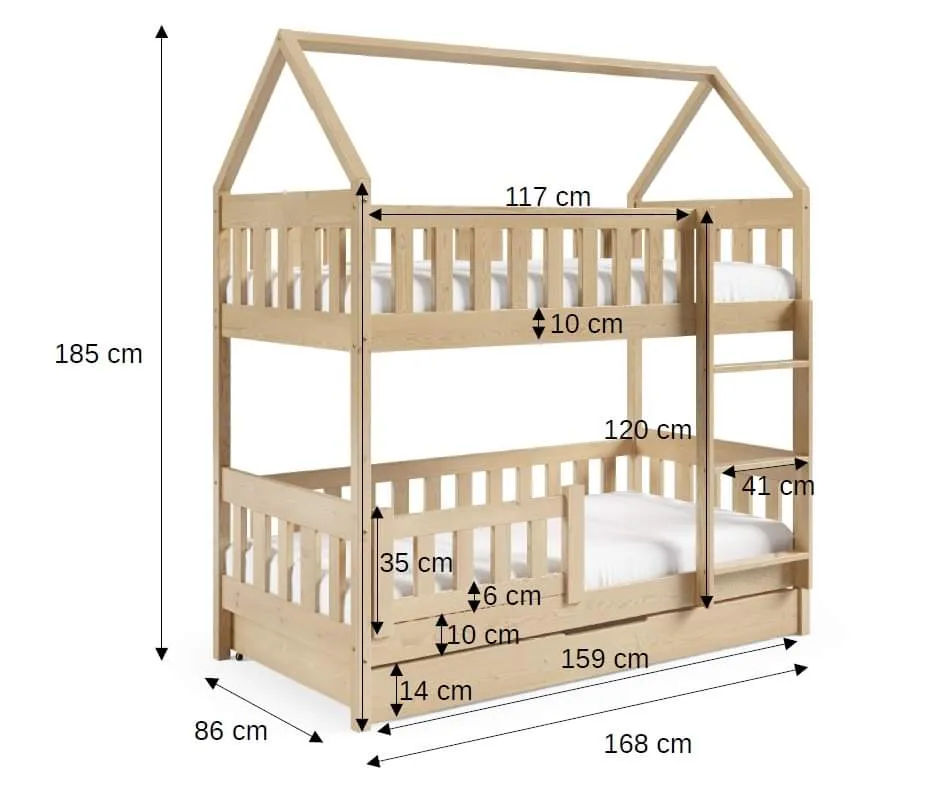 HOUSE SHAPE SOLID PINE BUNK BED BELLA GREY 168x86cm WITH DRAW AND MATTRESS