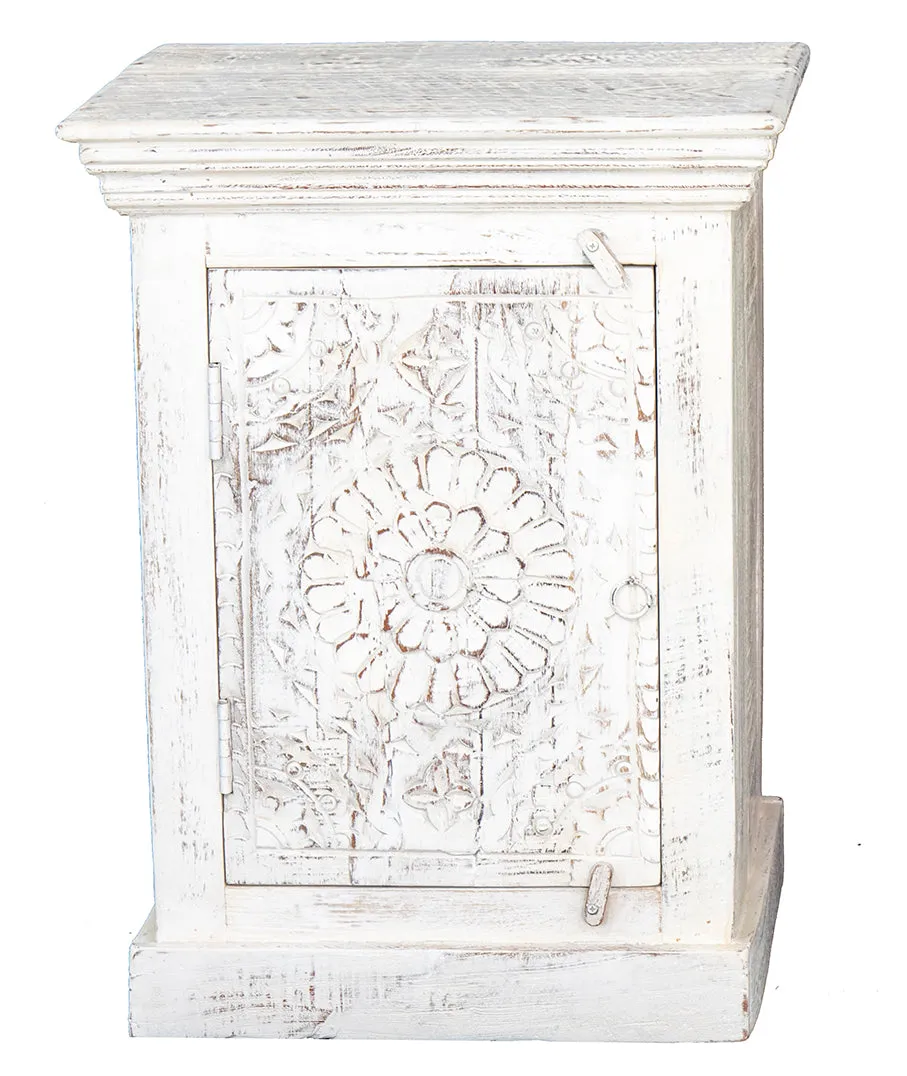 Indian Wooden Bedside Cabinet, Whitewashed Right Hand Opening