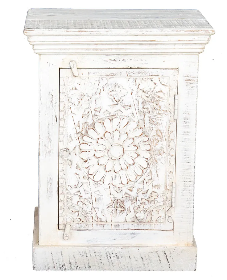 Indian Wooden Bedside Cabinet, Whitewashed Right Hand Opening