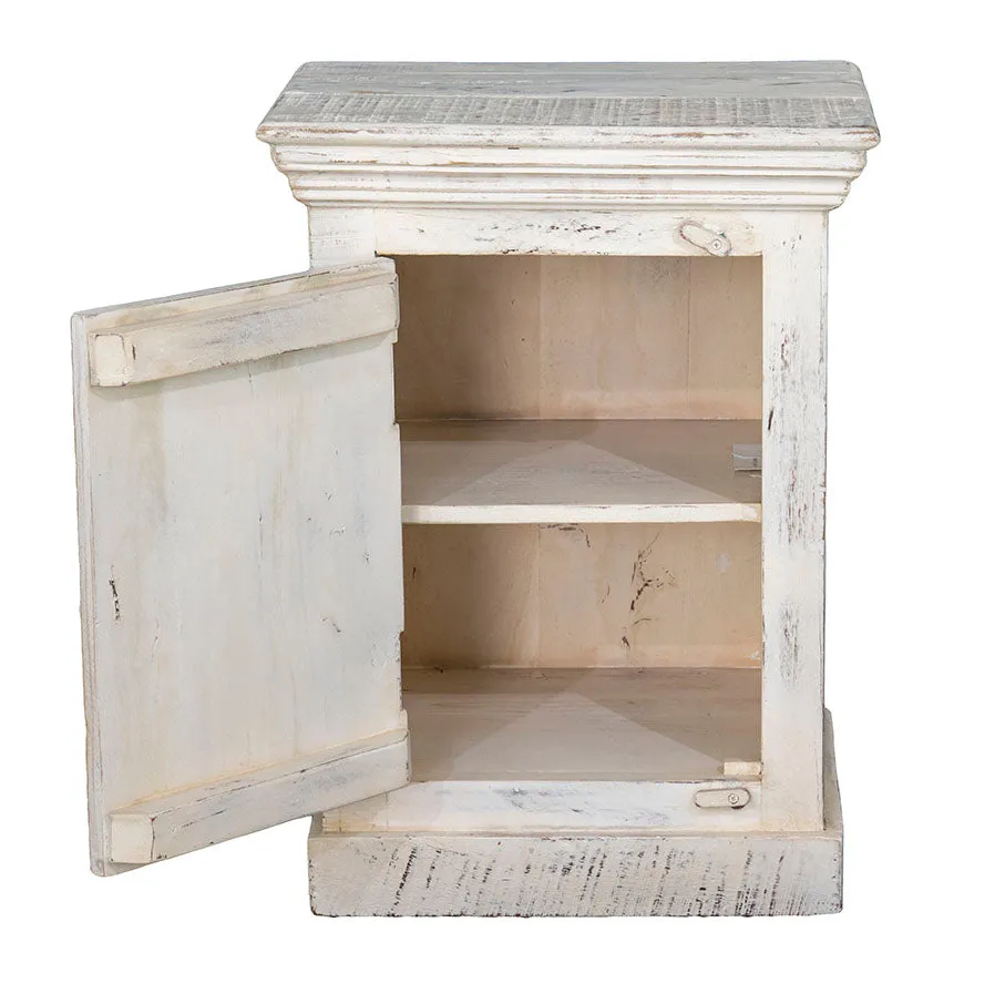 Indian Wooden Bedside Cabinet, Whitewashed Right Hand Opening