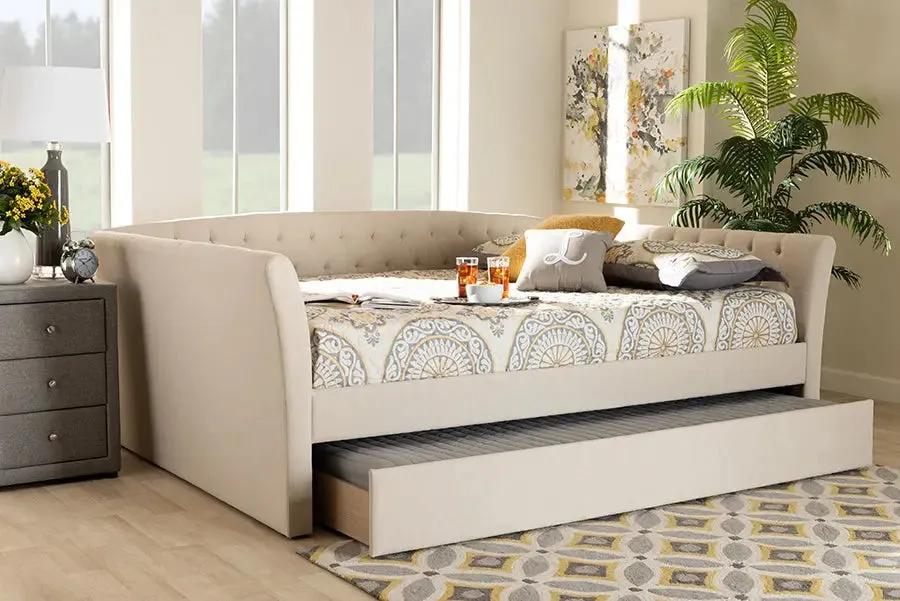 Jayleen Beige Fabric Upholstered Queen Size Daybed w/Trundle Bed