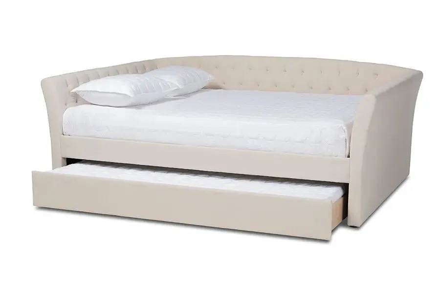 Jayleen Beige Fabric Upholstered Queen Size Daybed w/Trundle Bed