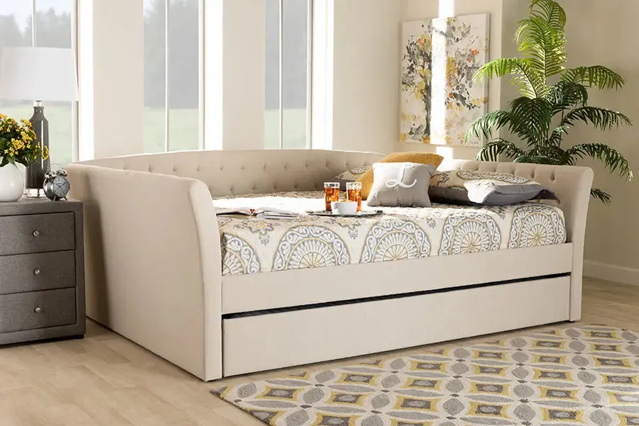 Jayleen Beige Fabric Upholstered Queen Size Daybed w/Trundle Bed