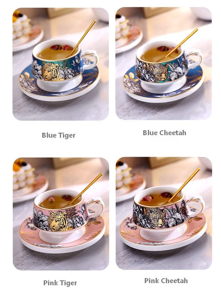 Jungle Tiger Cheetah Porcelain Tea Cups, Creative Ceramic Cups and Saucers, Unique Ceramic Coffee Cups with Gold Trim and Gift Box