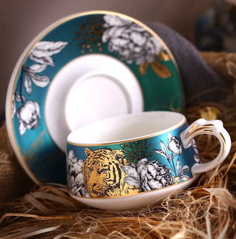 Jungle Tiger Cheetah Porcelain Tea Cups, Creative Ceramic Cups and Saucers, Unique Ceramic Coffee Cups with Gold Trim and Gift Box