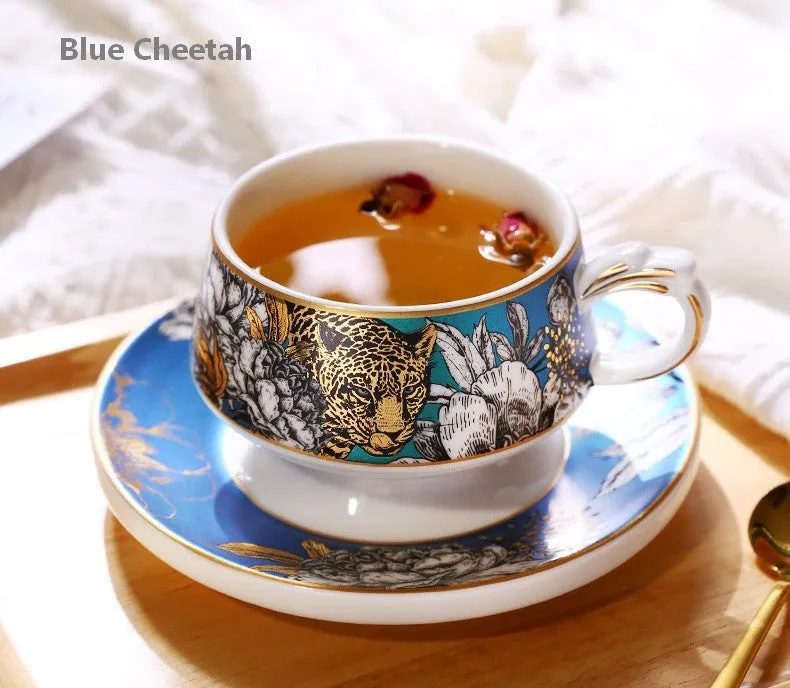 Jungle Tiger Cheetah Porcelain Tea Cups, Creative Ceramic Cups and Saucers, Unique Ceramic Coffee Cups with Gold Trim and Gift Box