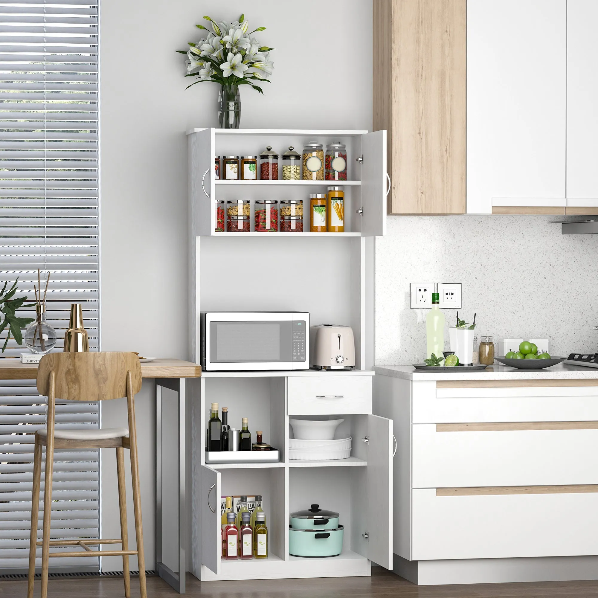 Kitchen Cupboard with Doors Cabinet Shelves Drawer Open Countertop Storage Cabinet for Living Room, Entrance, White