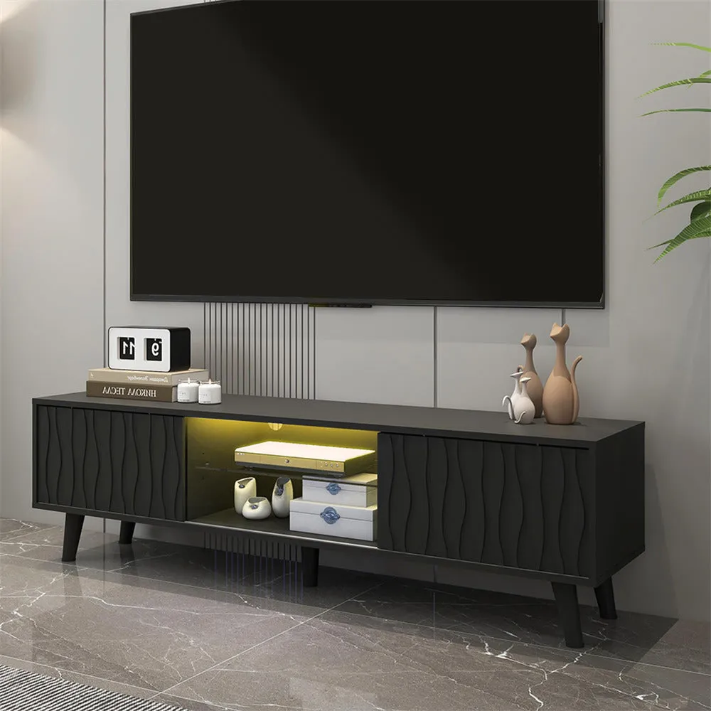 LED TV Stand Console Table with Sliding Barn Door and Adjustable Glass Shelves