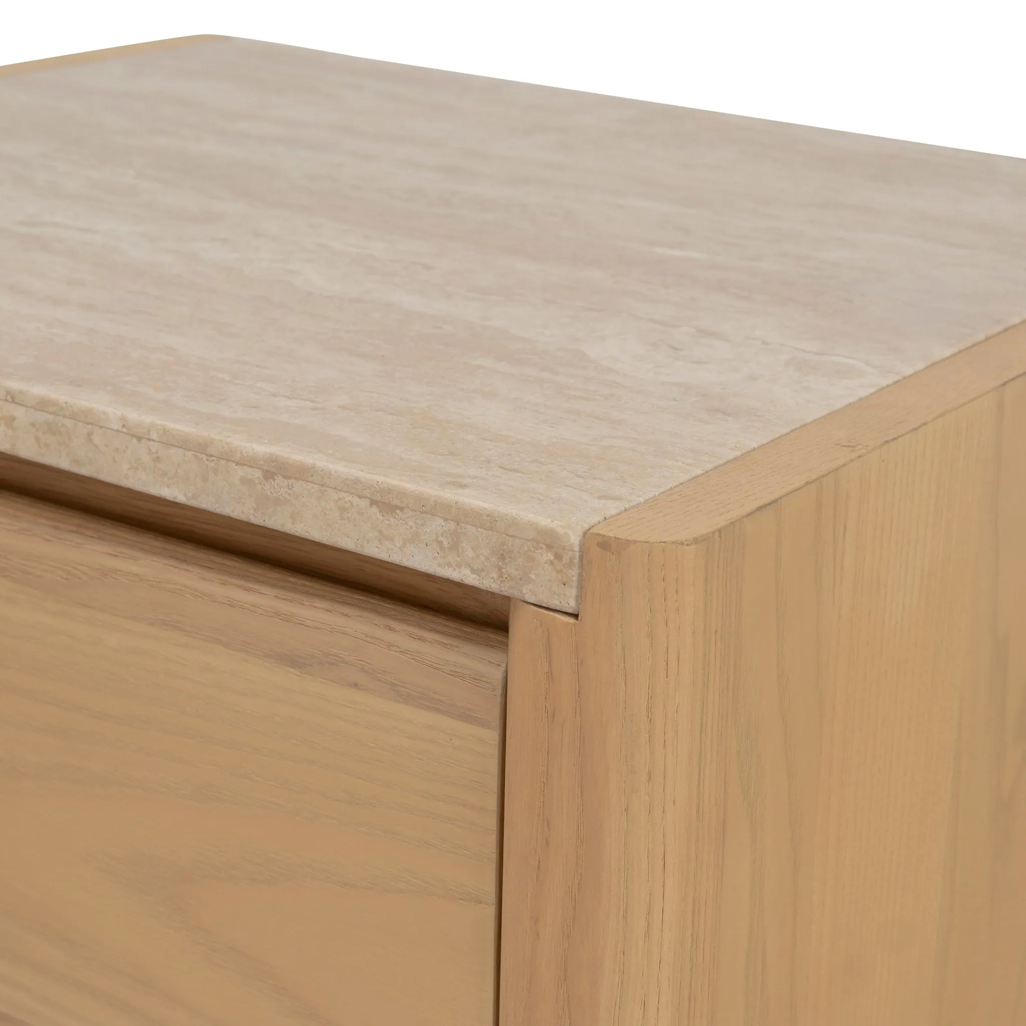 Linden 55cm Travertine Top Bedside Table - Creme Ash