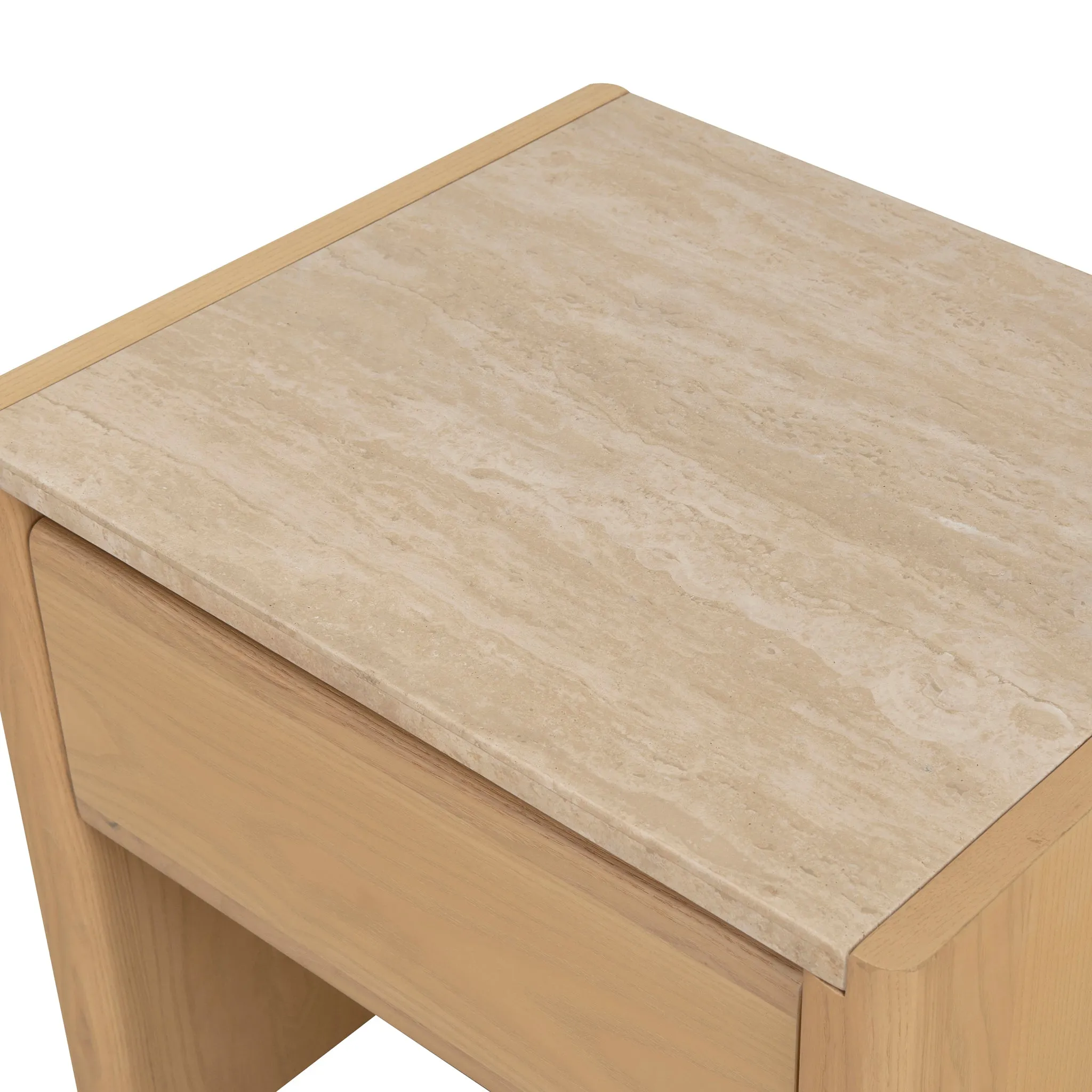 Linden 55cm Travertine Top Bedside Table - Creme Ash