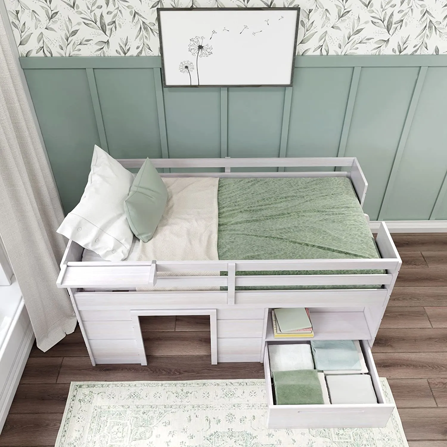 Low Loft Bed, Twin Bed Frame For Kids With 1 Drawer