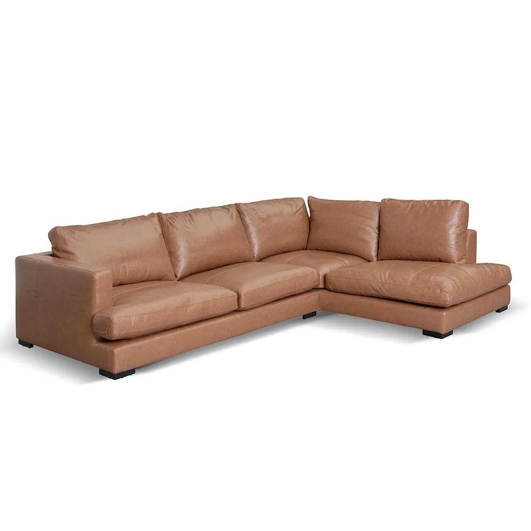 Lucinda 4 Seater Right Chaise Leather Sofa - Caramel Brown