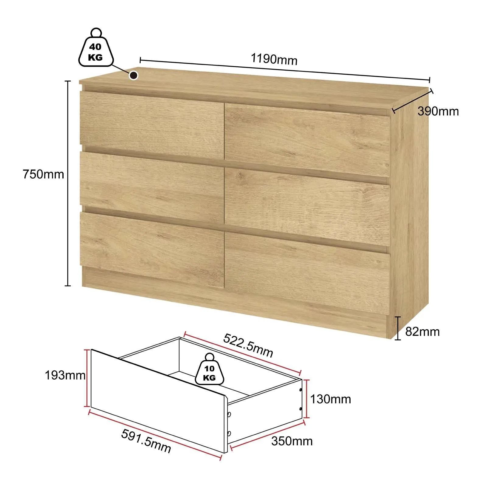 MerryLuk 6 Drawers Chest Dresser with 2 Bedside Tables