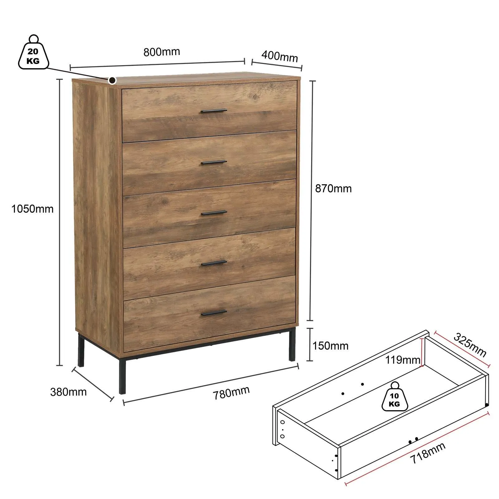 MerryLuk Bronx Chest of 5 Drawers Dresser and Nightstand Set