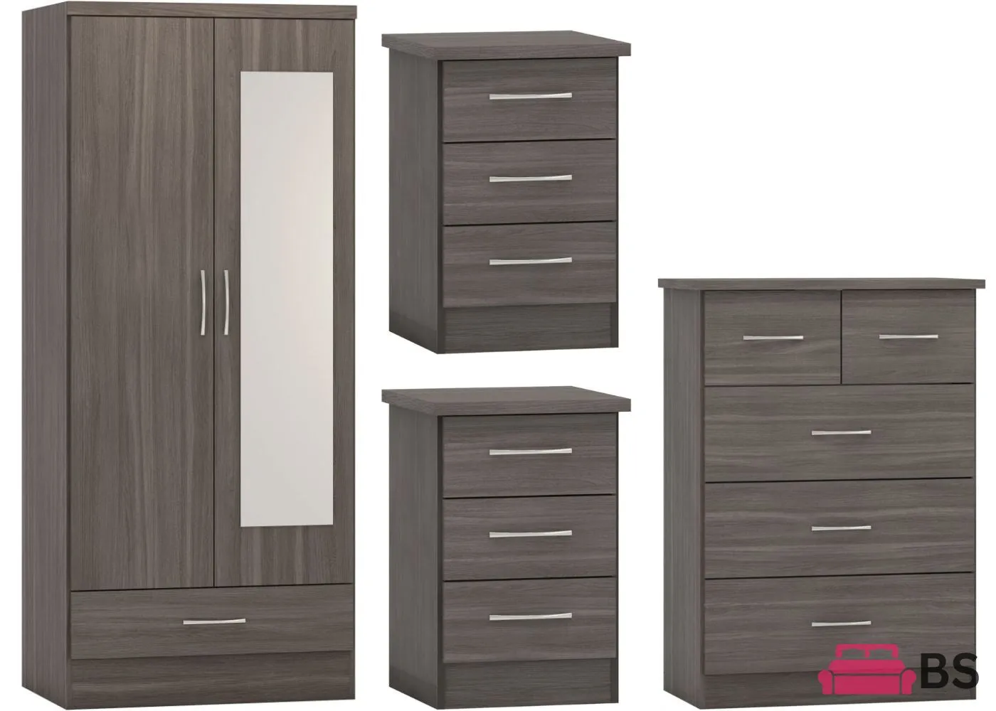 Nevada Black Wood Grain 4 Piece Bedroom Furniture Set inc. Mirrored Robe by Wholesale Beds & Furniture