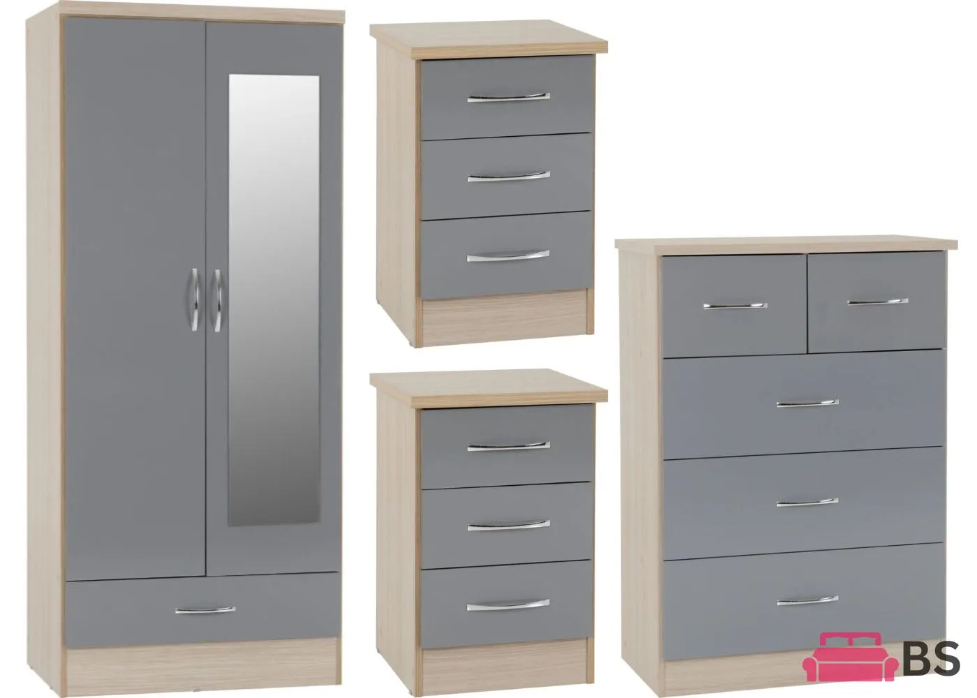 Nevada Grey Gloss 4 Piece Bedroom Furniture Set inc. Mirrored Robe by Wholesale Beds & Furniture