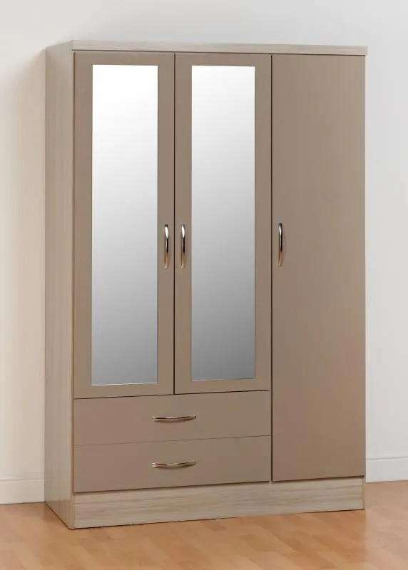 Nevada Oyster Gloss and Light Oak Effect 3-Door 2-Drawer Mirrored Wardrobe by Wholesale Beds & Furniture