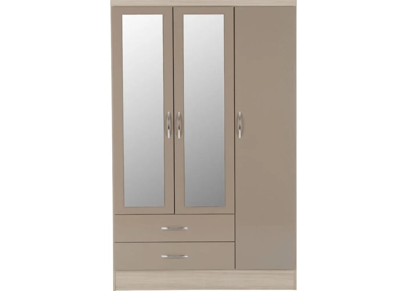 Nevada Oyster Gloss and Light Oak Effect 3-Door 2-Drawer Mirrored Wardrobe by Wholesale Beds & Furniture