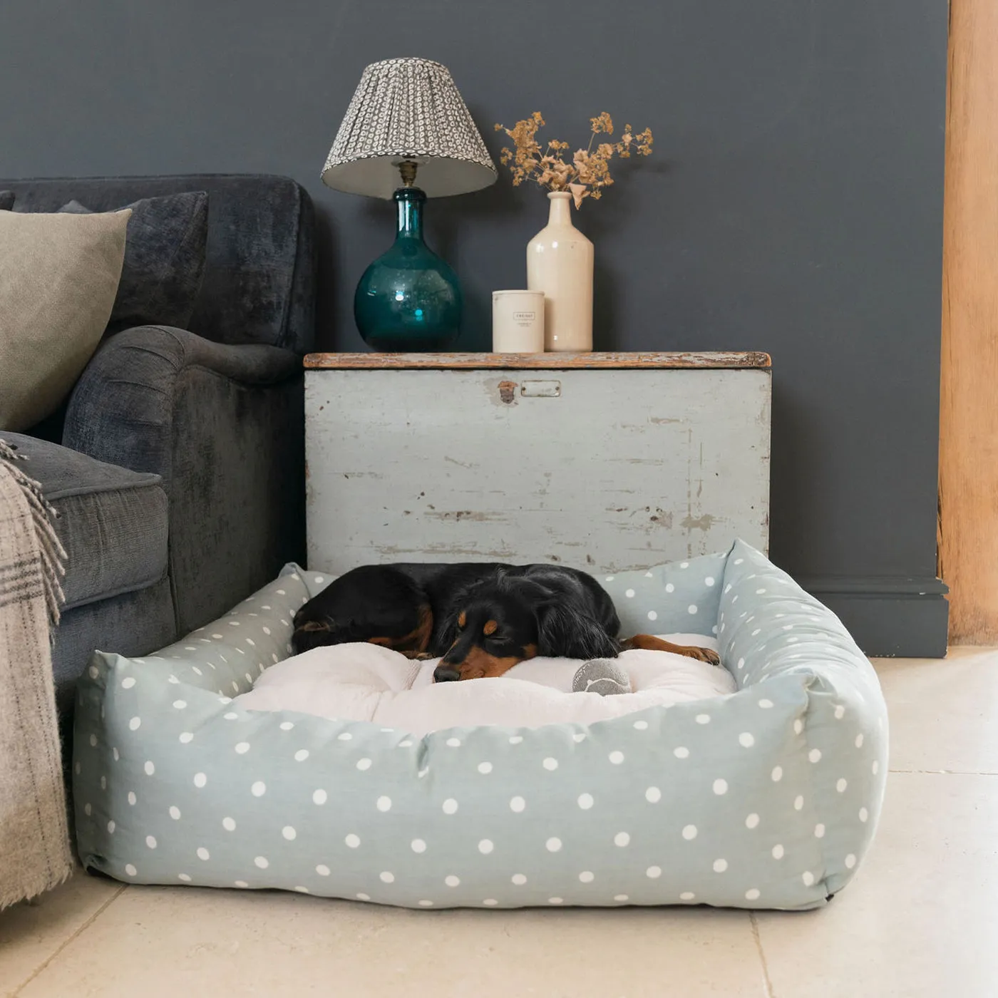 Personalised Box Bed For Dogs in Duck Egg Spot by Lords & Labradors