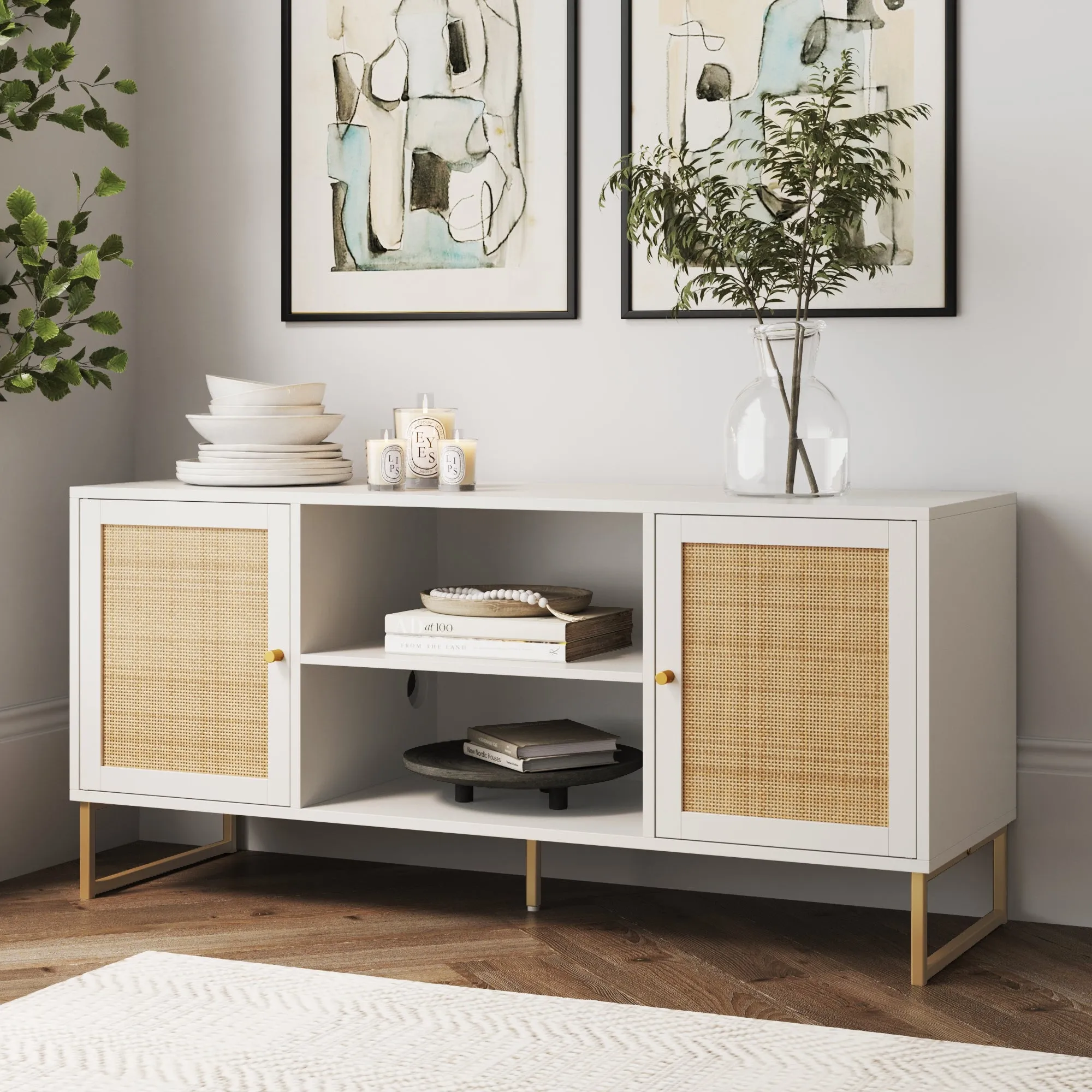 Rattan & Wood 2-Door TV Cabinet White