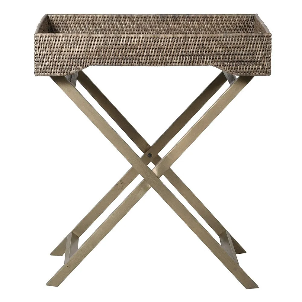 Rattan and Mahogony Butlers Tray Side Table