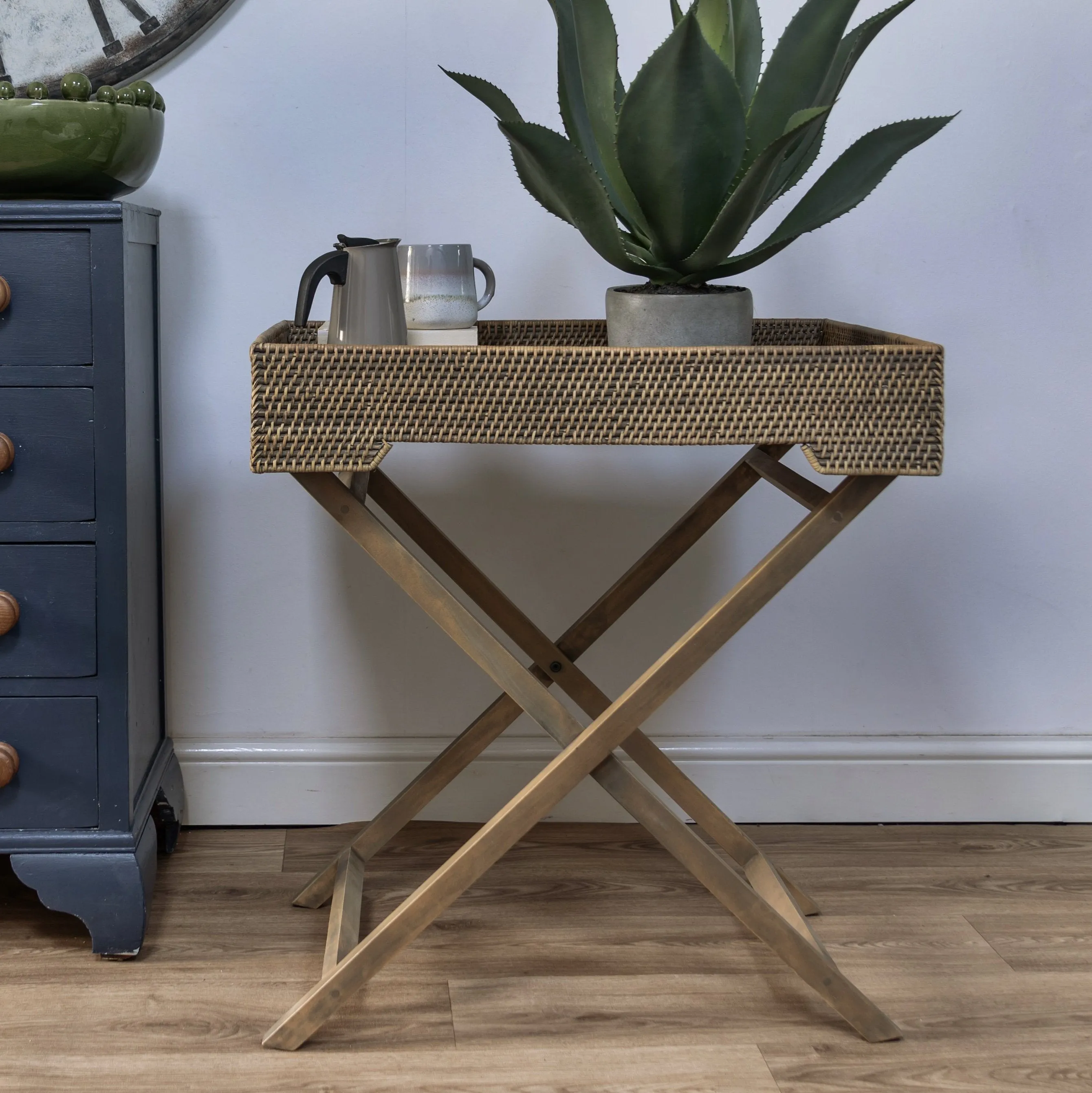 Rattan and Mahogony Butlers Tray Side Table