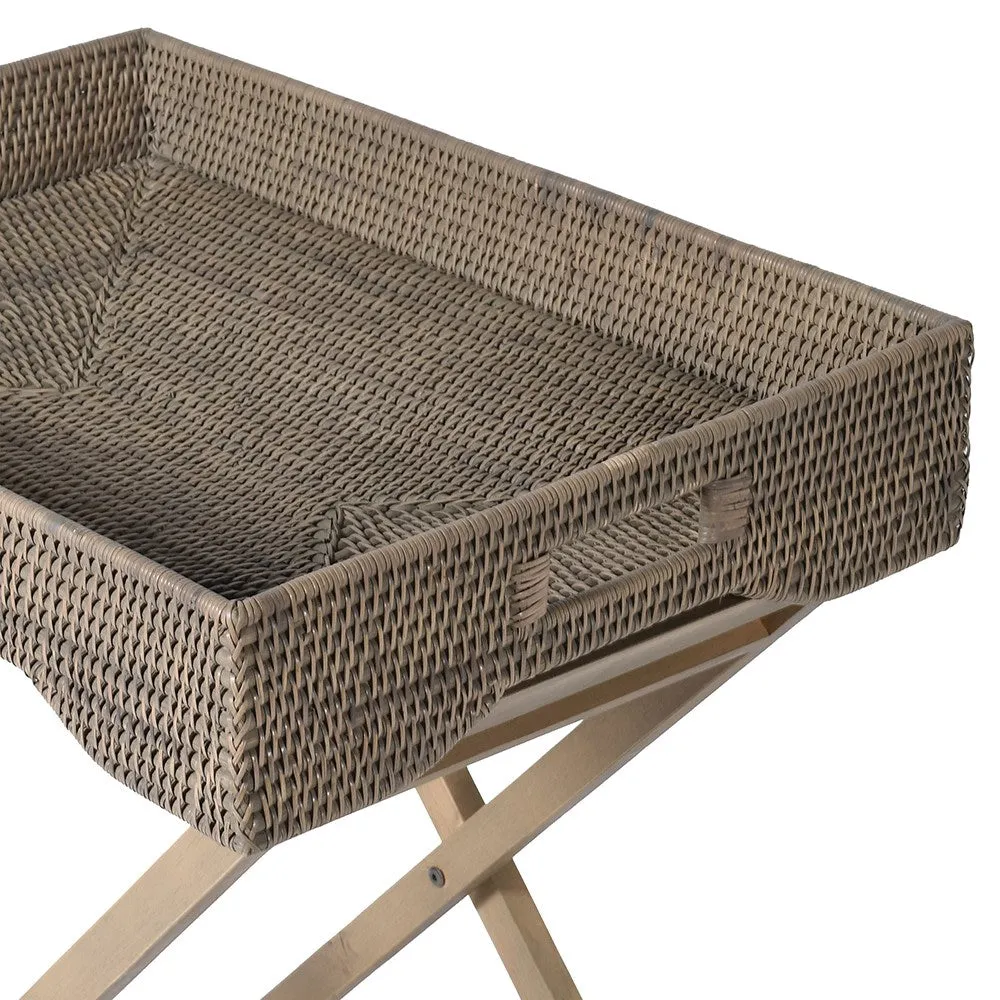 Rattan and Mahogony Butlers Tray Side Table