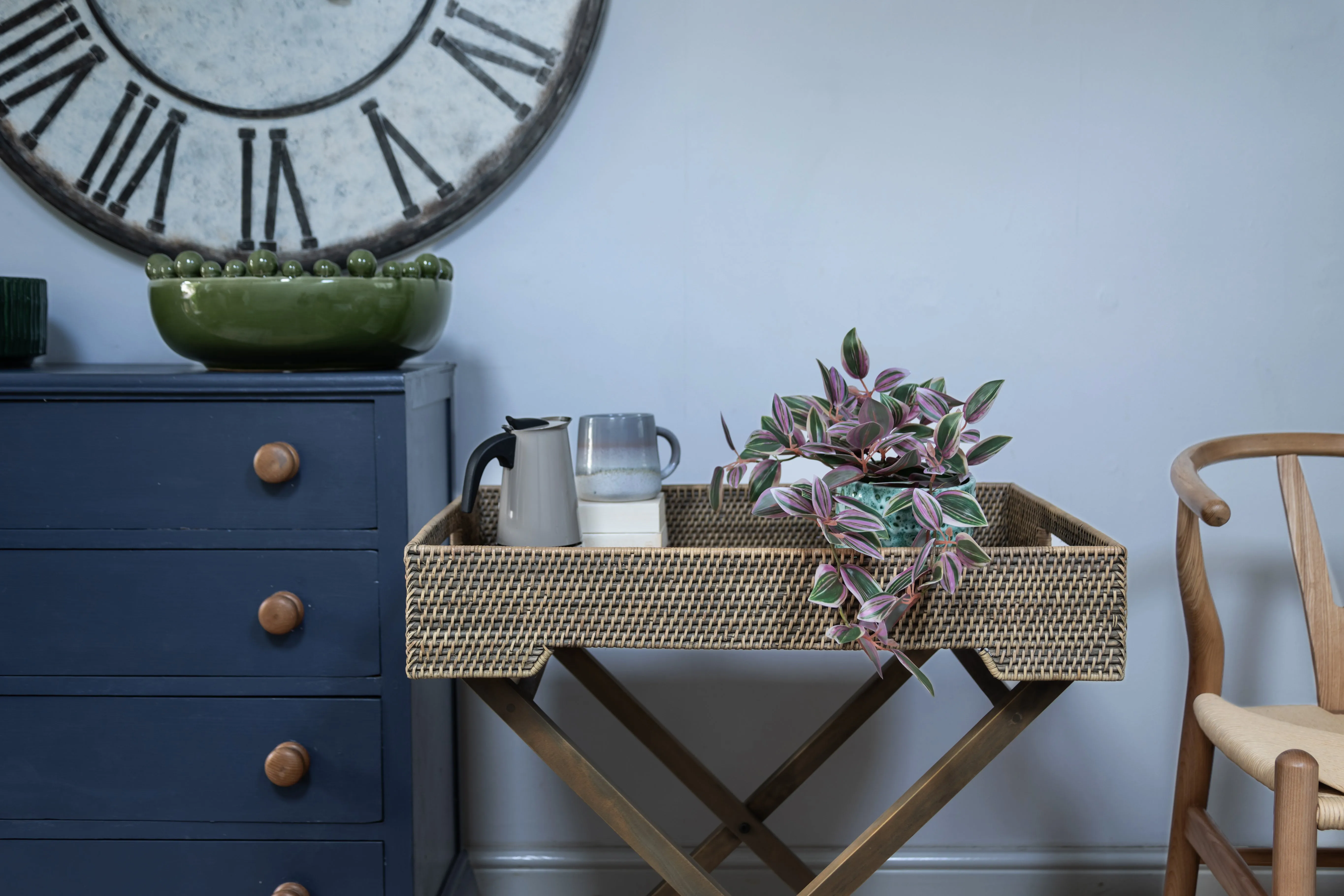 Rattan and Mahogony Butlers Tray Side Table