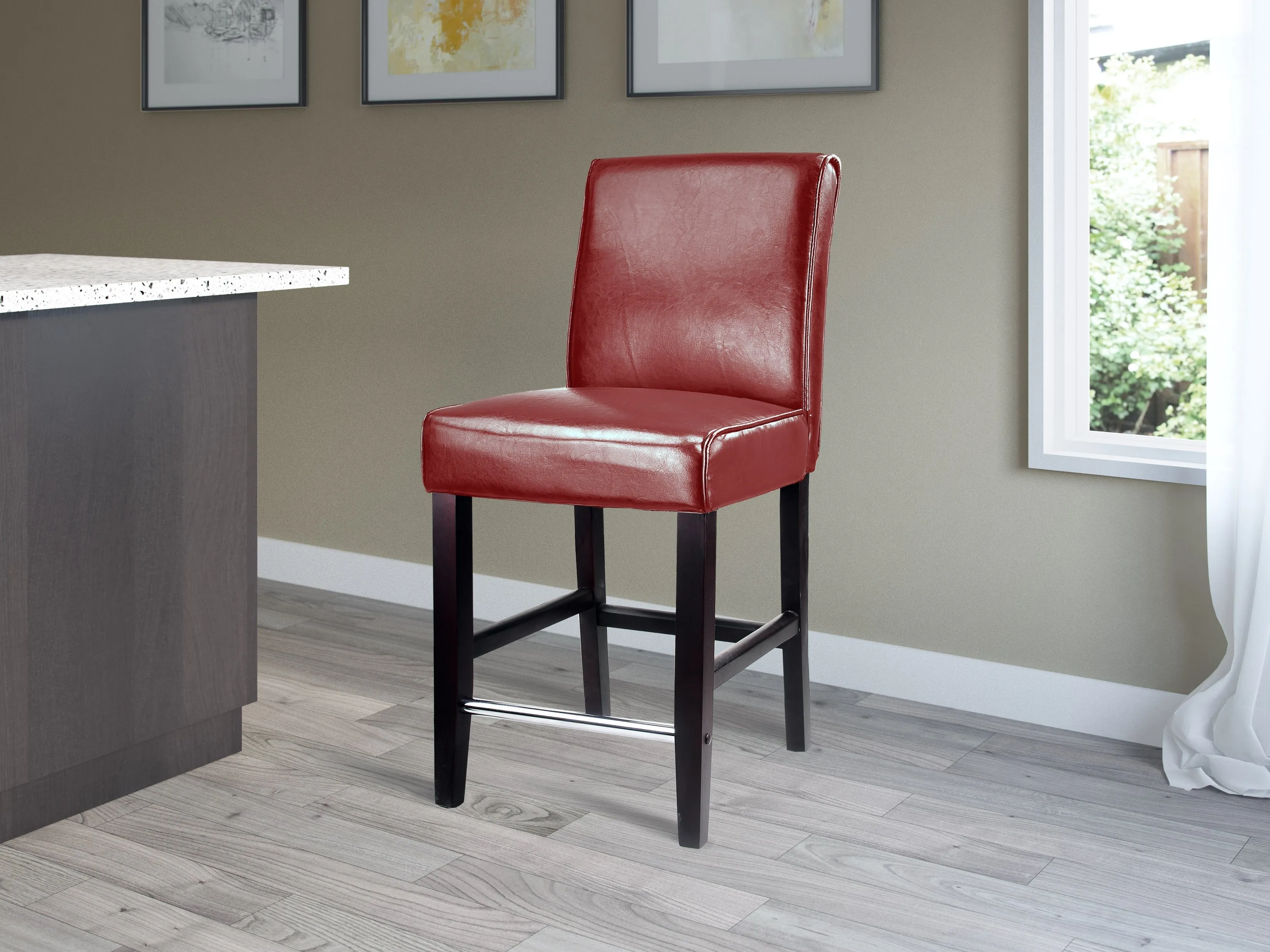 Red Counter Height Wooden Bar Stool