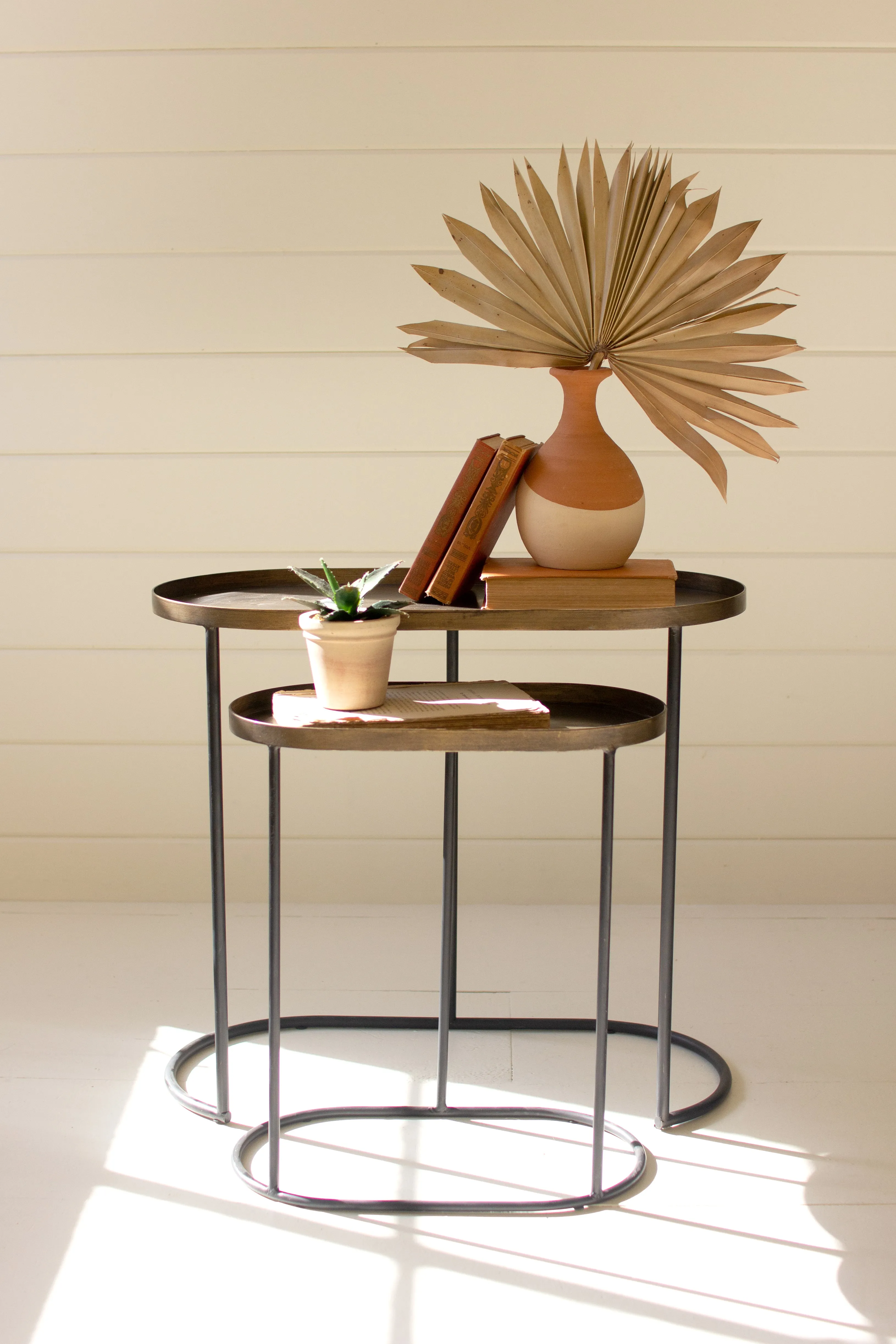 Set Of Two Oval Antique Brass Accent Tables