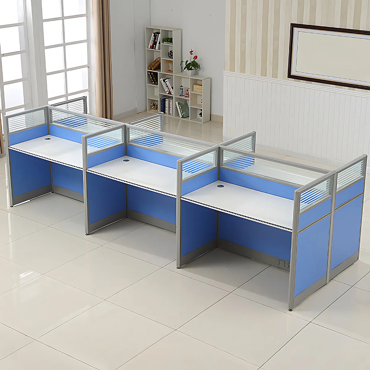 Simple Modern Desk and Chair Set with Screen,Four Seater,Blue