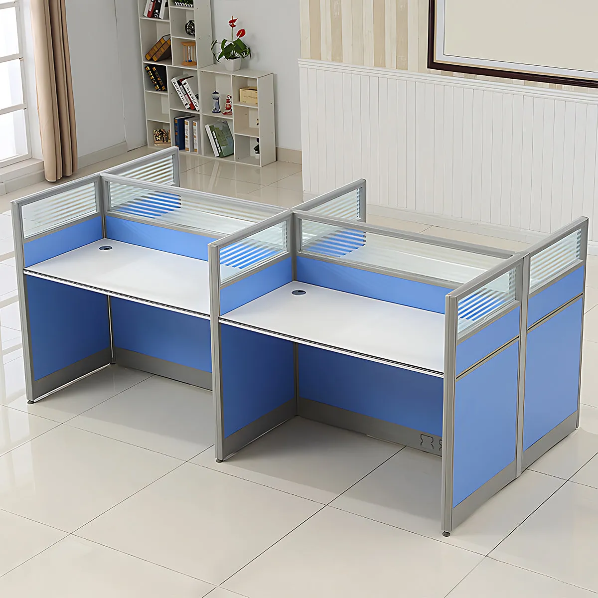 Simple Modern Desk and Chair Set with Screen,Four Seater,Blue