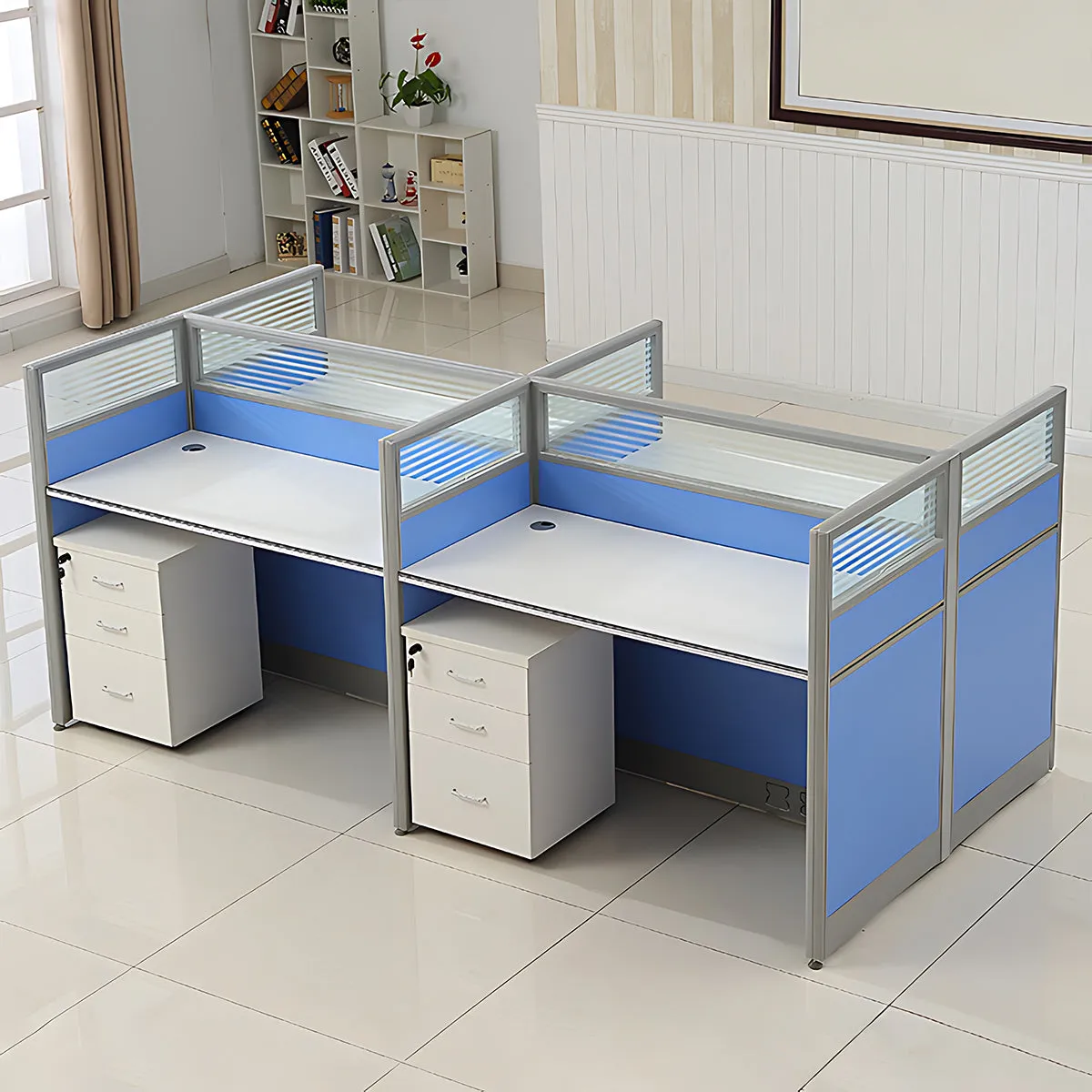 Simple Modern Desk and Chair Set with Screen,Four Seater,Blue