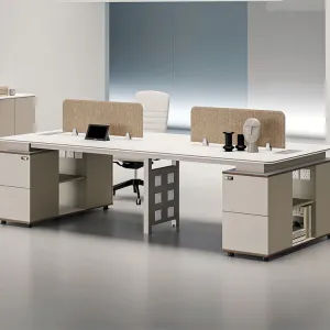 Sleek Beige Office Staff Desk with Cable Management Box