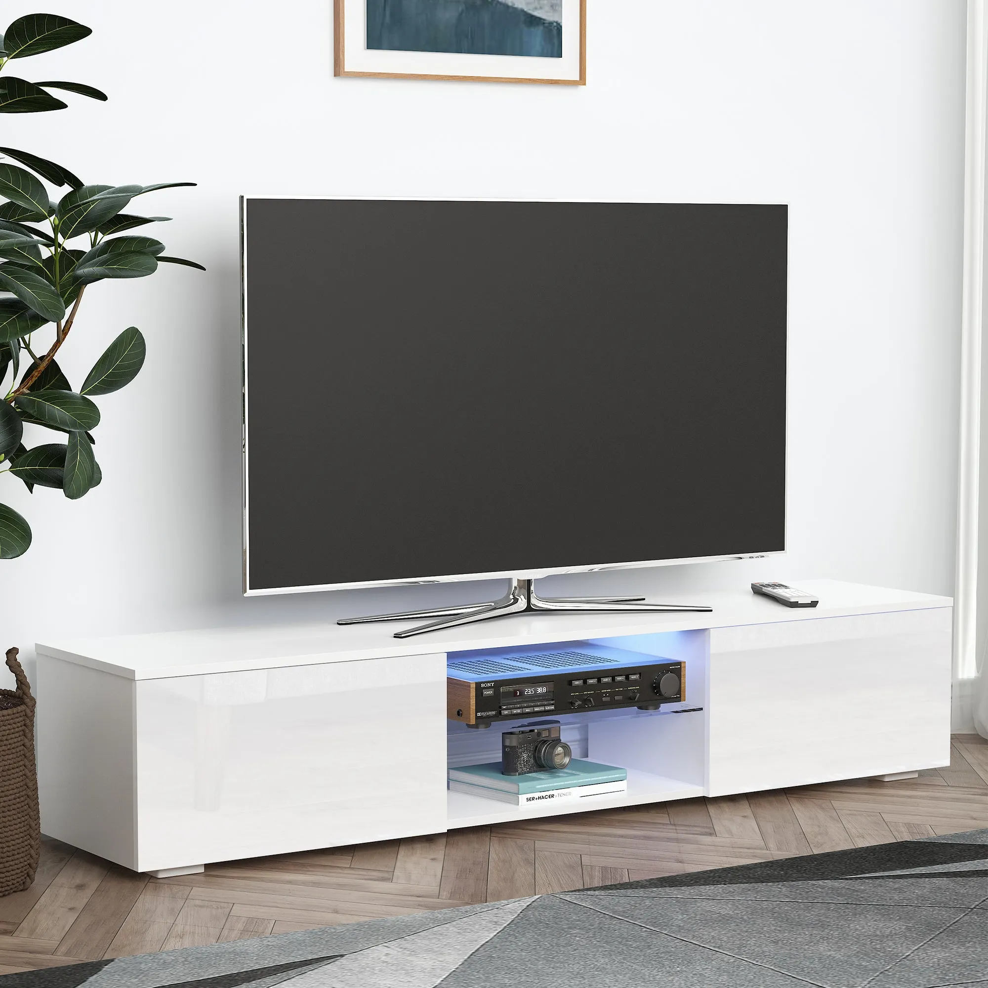 TV Stand Cabinet with High Gloss Front Door, LED RGB Lights and Remote Control for TVs up to 55", Media TV Console Table with Storage Cupboard