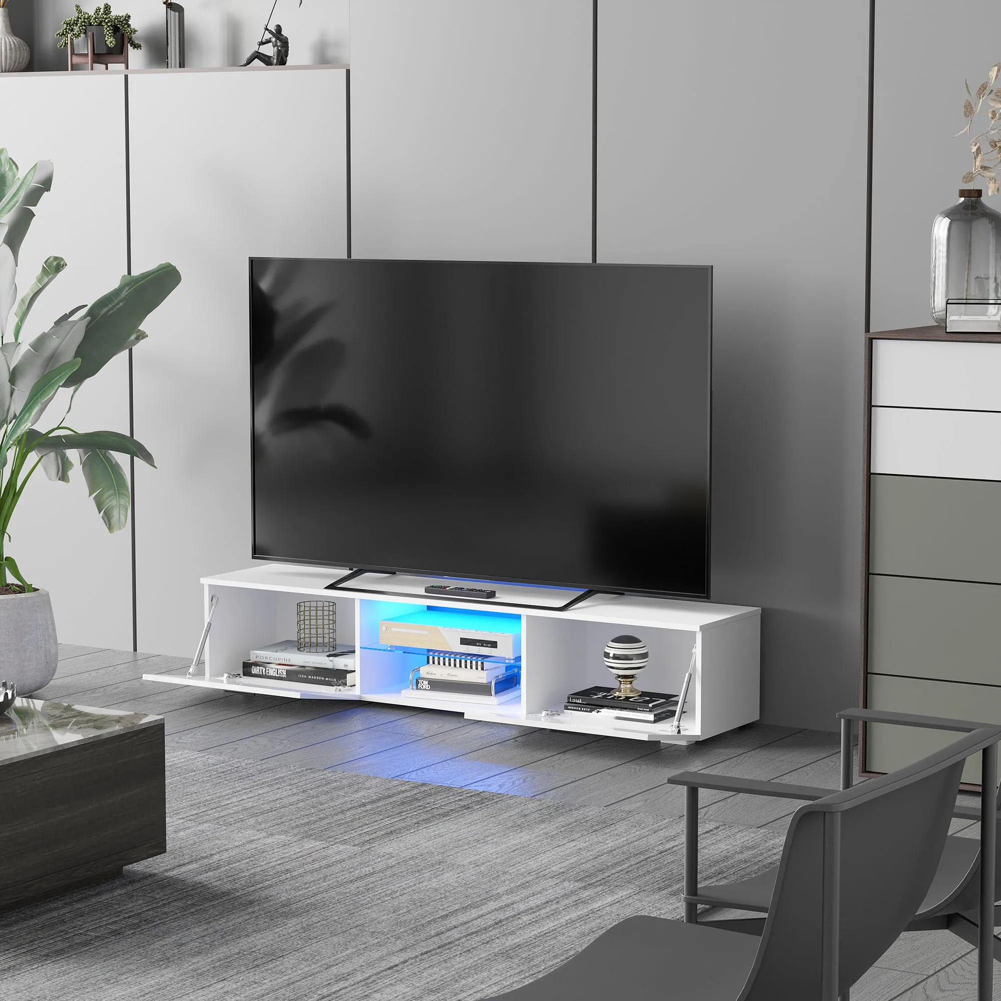 TV Stand Cabinet with High Gloss Front Door, LED RGB Lights and Remote Control for TVs up to 55", Media TV Console Table with Storage Cupboard