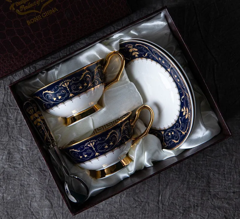 Unique Blue Tea Cup and Saucer in Gift Box, Blue Bone China Porcelain Tea Cup Set, Royal Ceramic Cups, Elegant Ceramic Coffee Cups