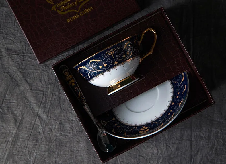 Unique Blue Tea Cup and Saucer in Gift Box, Blue Bone China Porcelain Tea Cup Set, Royal Ceramic Cups, Elegant Ceramic Coffee Cups