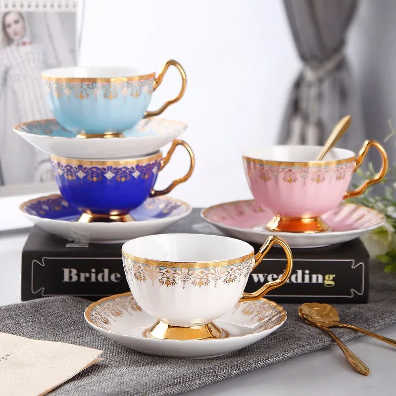 Unique British Tea Cup and Saucer in Gift Box, Pink Blue White Bone China Porcelain Tea Cup Set, Elegant British Ceramic Coffee Cups for Afternoon Tea