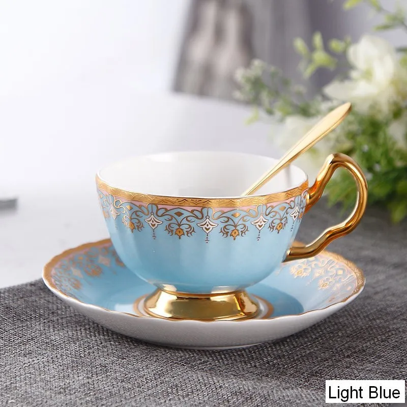 Unique British Tea Cup and Saucer in Gift Box, Pink Blue White Bone China Porcelain Tea Cup Set, Elegant British Ceramic Coffee Cups for Afternoon Tea