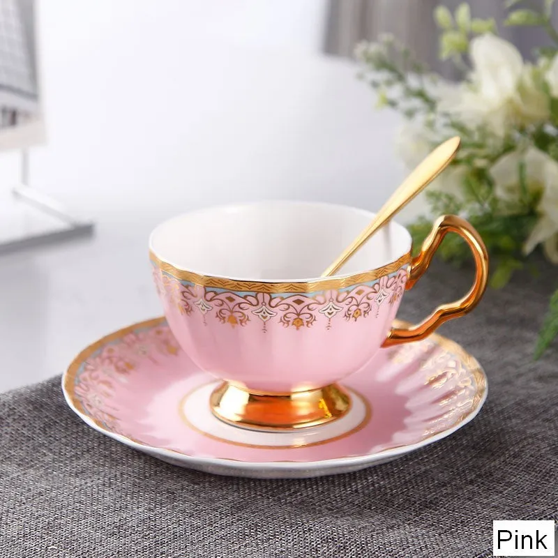 Unique British Tea Cup and Saucer in Gift Box, Pink Blue White Bone China Porcelain Tea Cup Set, Elegant British Ceramic Coffee Cups for Afternoon Tea