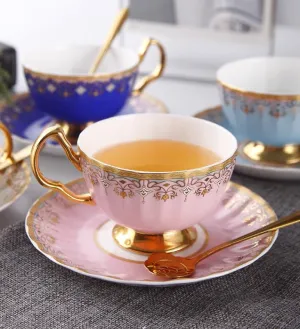 Unique British Tea Cup and Saucer in Gift Box, Pink Blue White Bone China Porcelain Tea Cup Set, Elegant British Ceramic Coffee Cups for Afternoon Tea