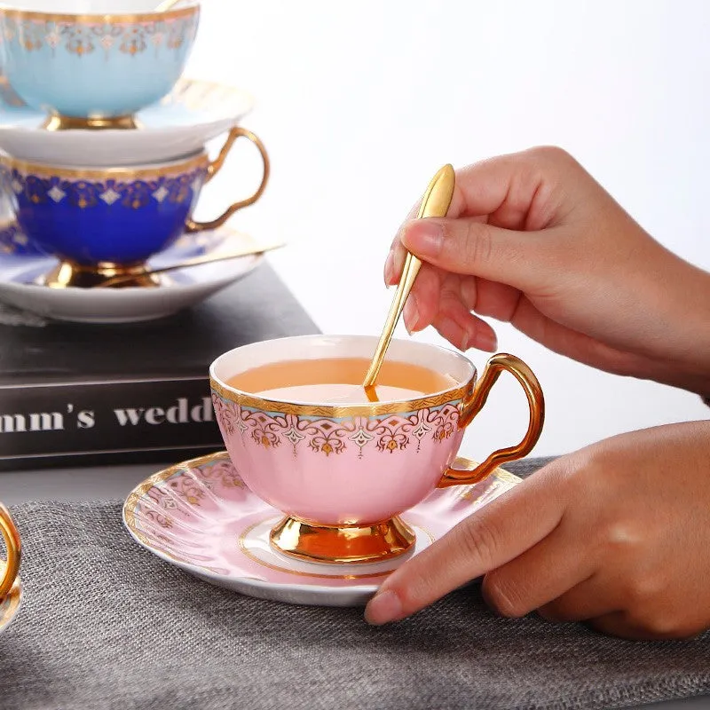 Unique British Tea Cup and Saucer in Gift Box, Pink Blue White Bone China Porcelain Tea Cup Set, Elegant British Ceramic Coffee Cups for Afternoon Tea