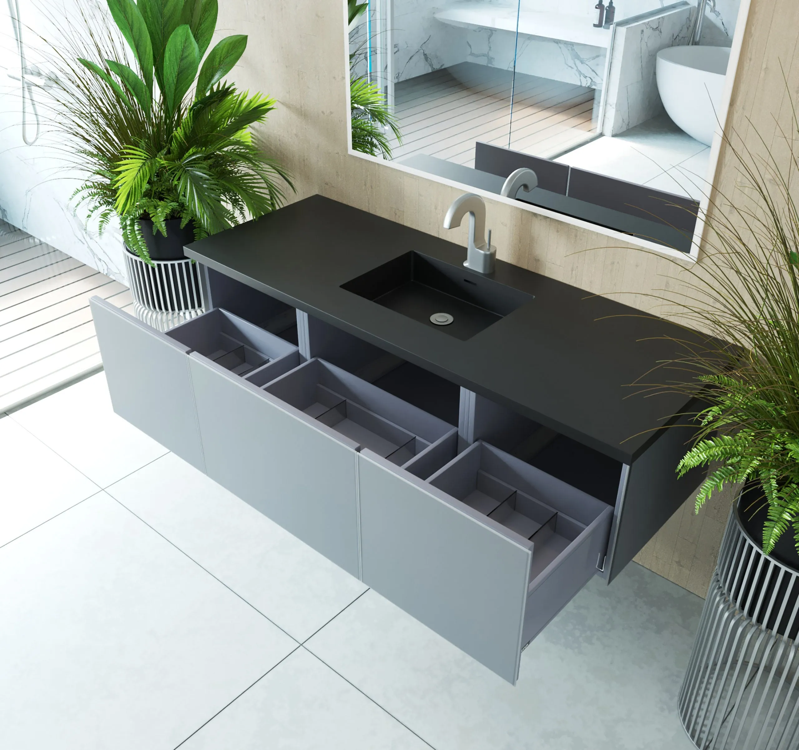 Vitri 60 - Fossil Grey Single Sink Cabinet   Matte Black VIVA Stone Solid Surface Center Sink Countertop