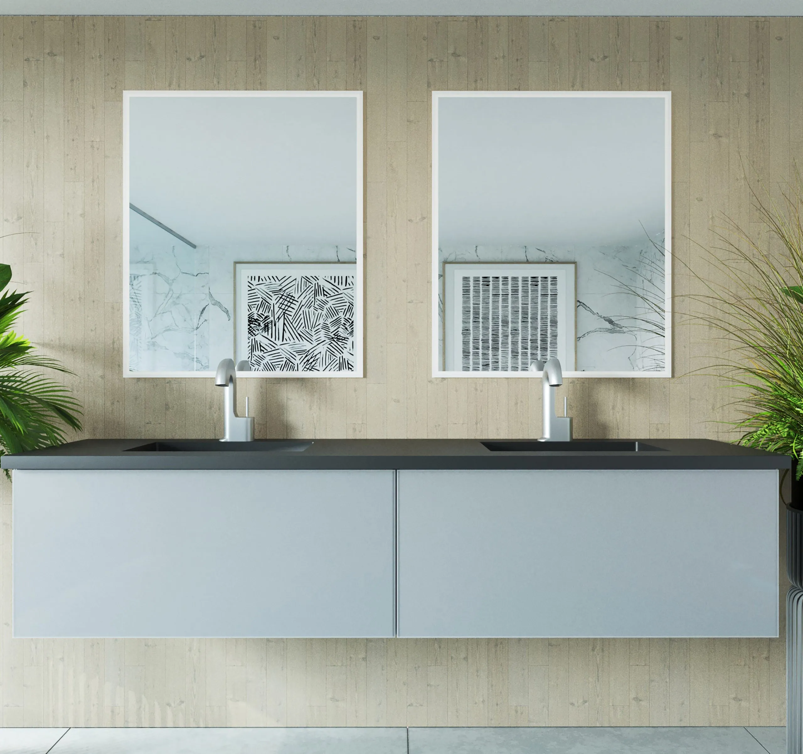 Vitri 72 - Fossil Grey Double Sink Cabinet   Matte Black VIVA Stone Solid Surface Double Sink Countertop