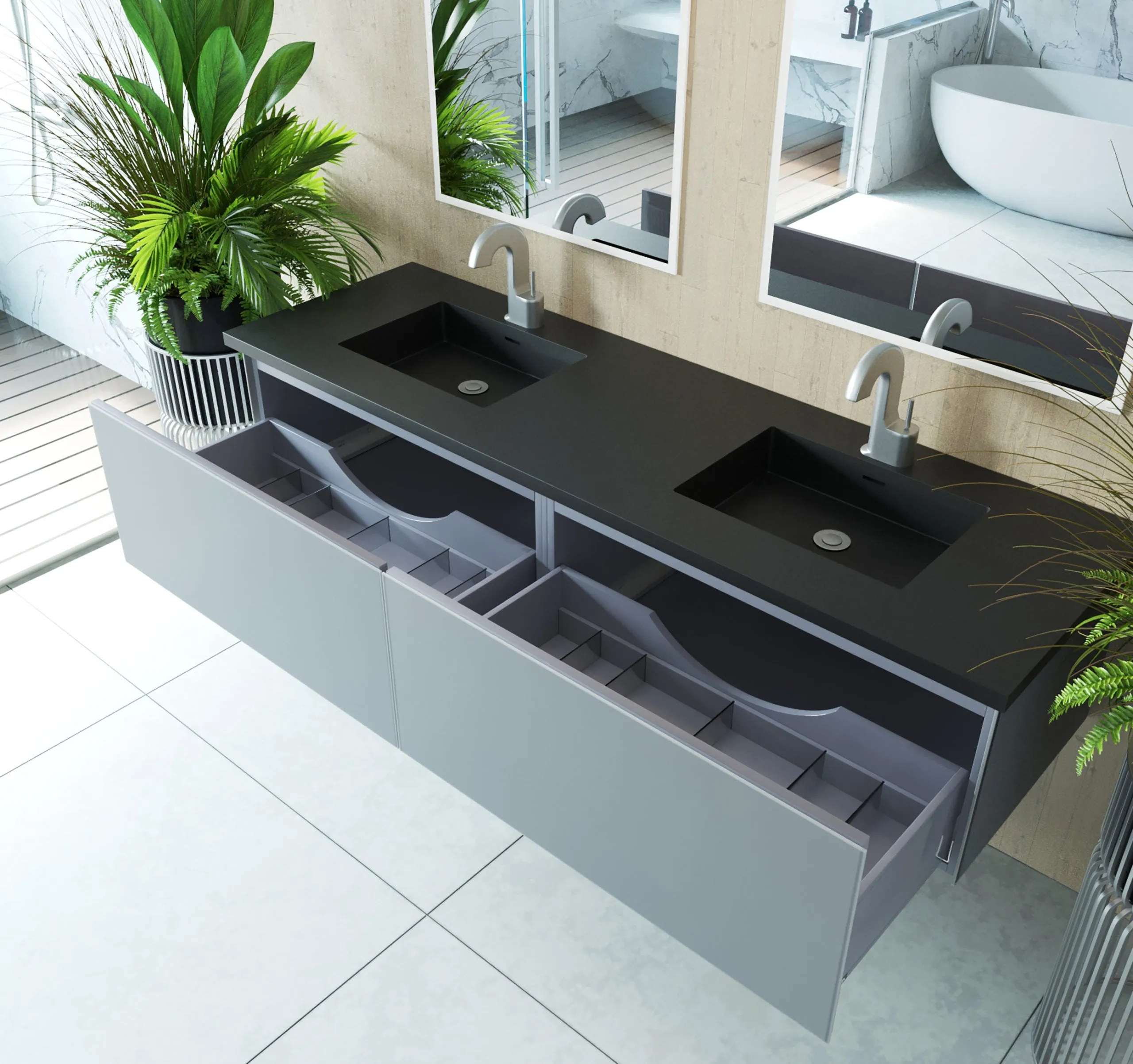 Vitri 72 - Fossil Grey Double Sink Cabinet   Matte Black VIVA Stone Solid Surface Double Sink Countertop