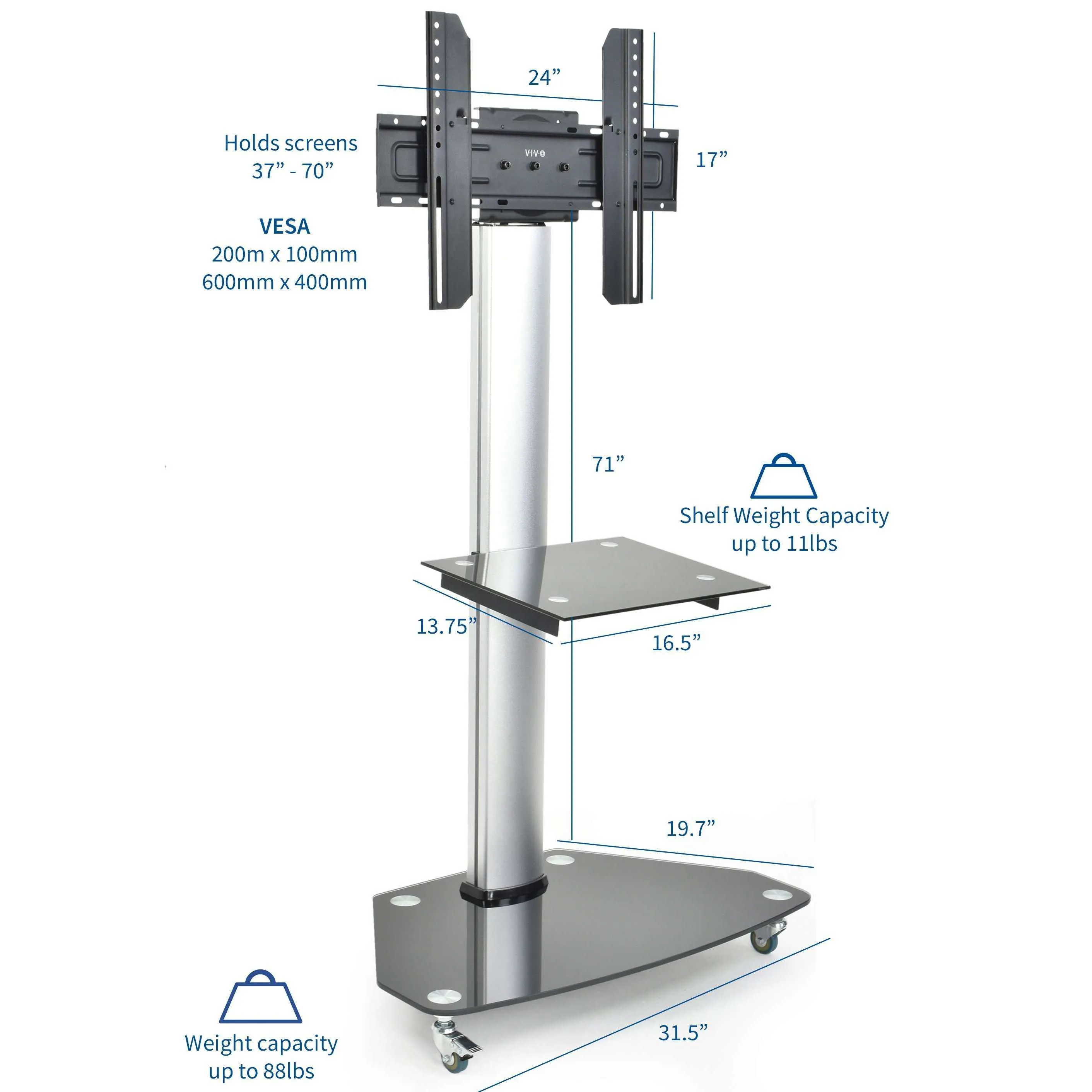 VIVO Silver Mobile Cart for 37" to 70" TVs, STAND-TV02D